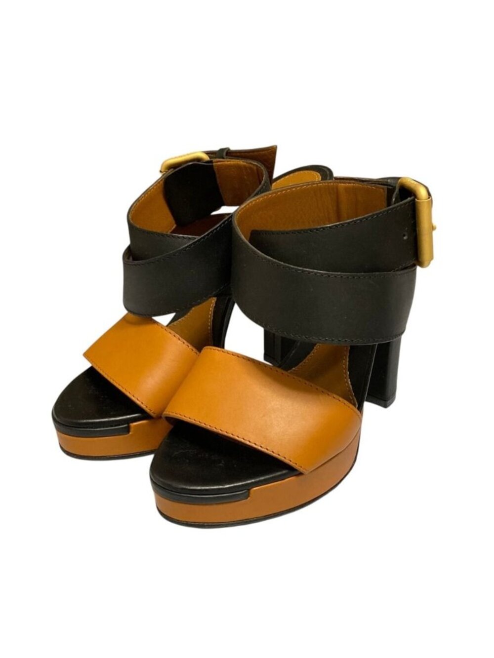 Fendi Leather Strap Platform Sandals Small Black Brown 34.5